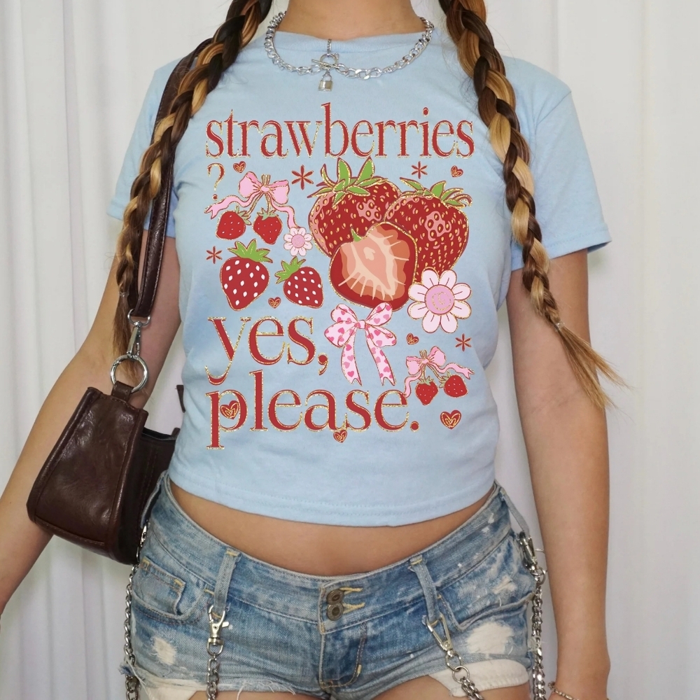 Strawberries Yes Please Sweet Summer Trendy Fruit Graphic Crop TShirt